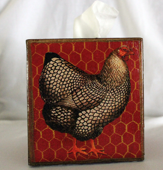 French Hen Tissue Box Cover on Red with Chicken Wire