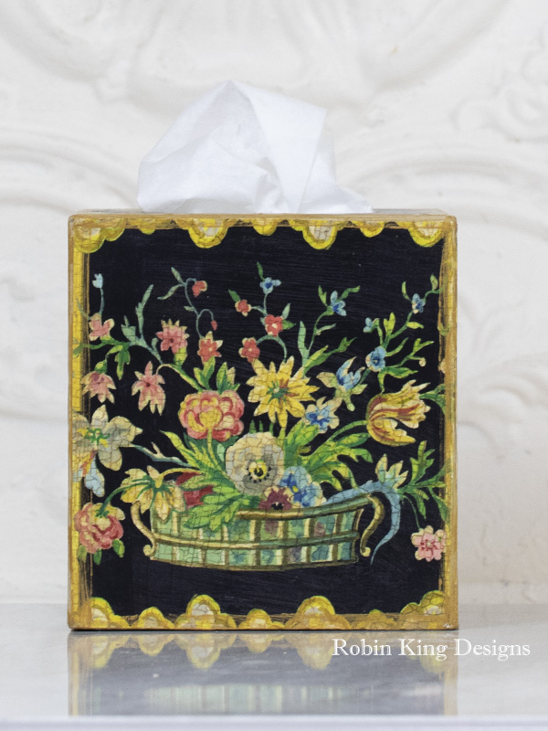 Basket of Flowers with Trim on Black Tissue Box Cover