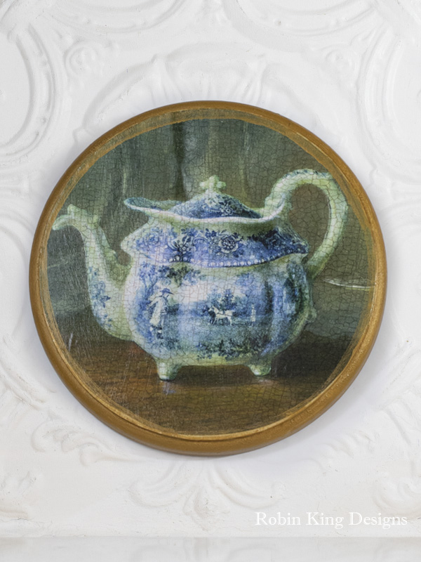 Blue and White Teapot 8 Inch Wood Plaque WK