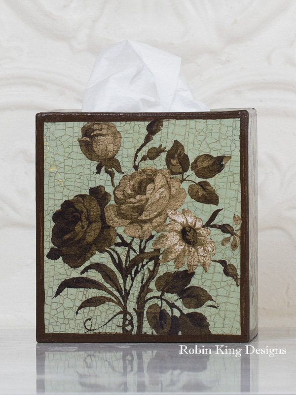 Brown Roses on Blue Tissue Box Cover