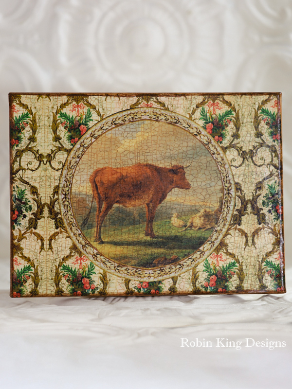 Cow with Sheep on a Floral Pattern Canvas 9 by 12 Inches