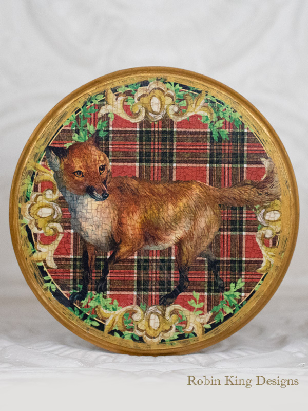 Fox on Red Plaid Wood Plaque 8.5 Inches