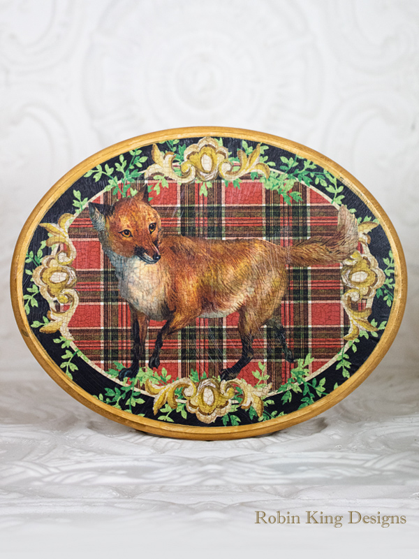 Fox on Red Plaid Wood Plaque 11 by 14 Inches