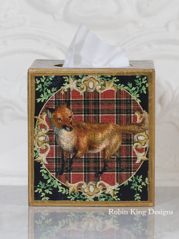 Fox on Red Plaid with Greens Tissue Box Cover