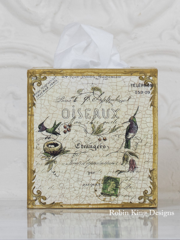 French Birds and Antique Script Tissue Box Cover