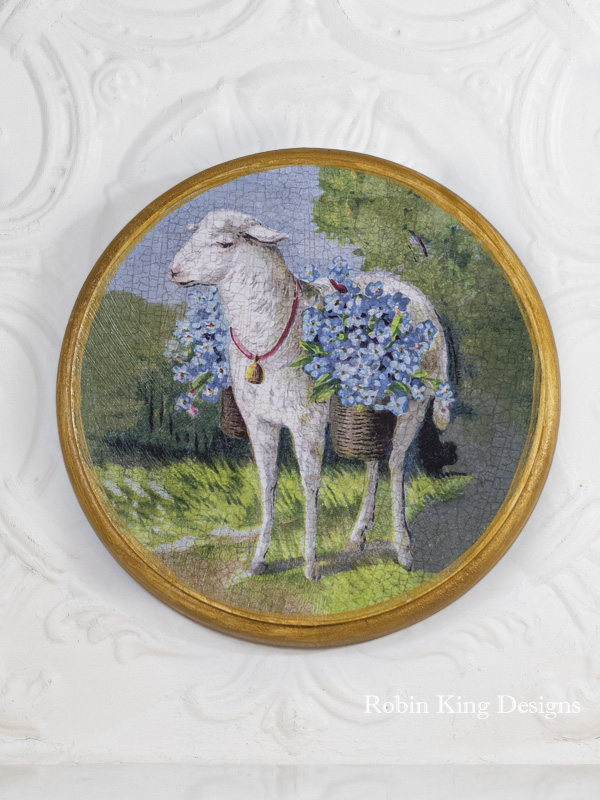 Lamb with Flower Baskets 8 Inch Wood Plaque