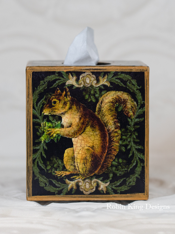 Squirrel in Wreath on Black Tissue Box Cover